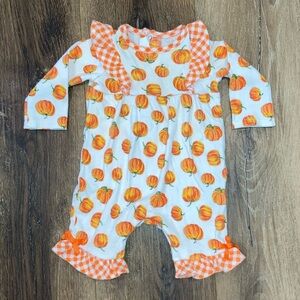 Baby Essentials Pumpkin Romper Gingham Fall Outfit Thanksgiving Ruffles 3m